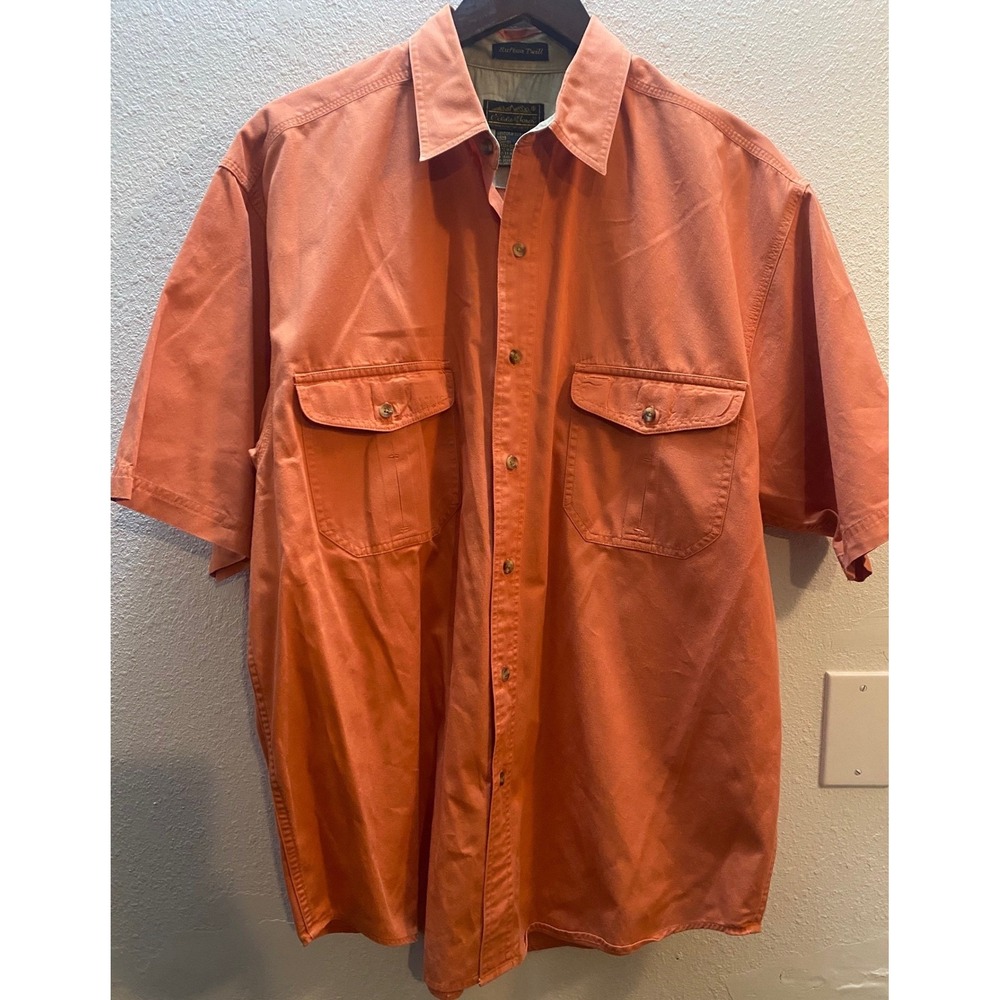 Vintage Eddie Bauer Mens‎ L Orange Rufton Twill Short Sleeve Button Down Shirt